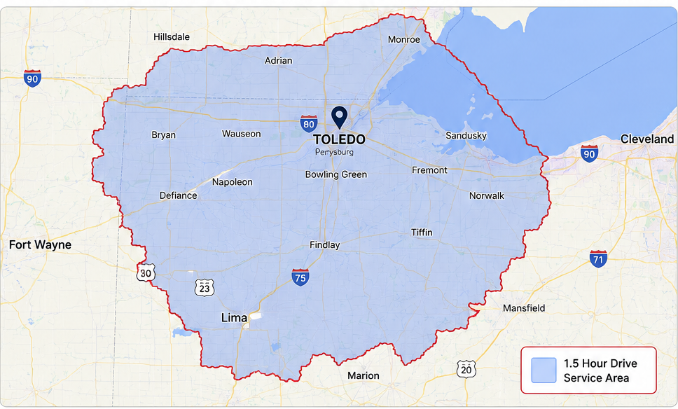 Approximate service area map centered around Toledo, Ohio