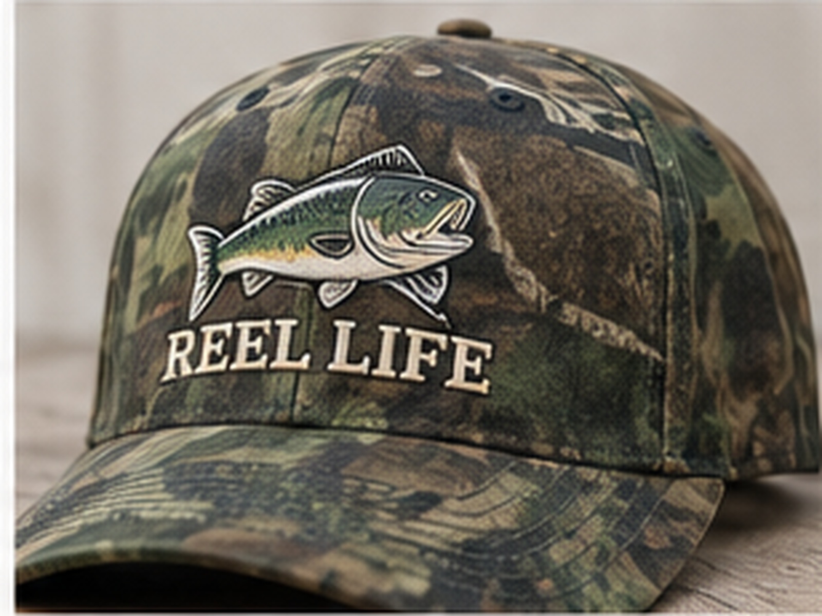 Embroidered hat sample: Reel Life Camo
